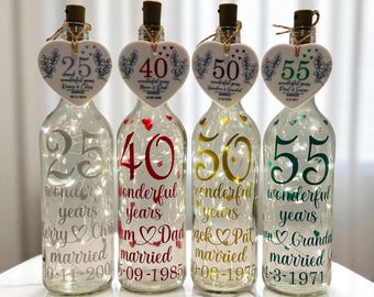 Personalised Wedding Anniversary light up bottle, Custom Any Year, 7th Copper, 25th Silver, 40th Ruby, 50th Golden, 55th Emerald