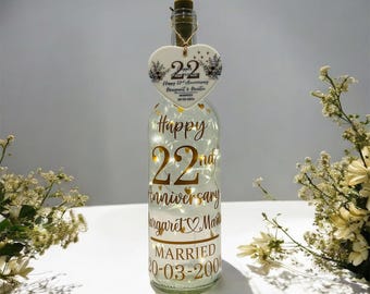 Personalised 22nd Copper Wedding Anniversary Gift, Ceramic Heart, Gifts for Husband, Wife, Parents, Friends, Light up Bottle