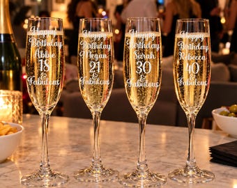 Personalised Glass Champagne Flute, Gifts for her, Milestone Birthday, 16th, 18th birthday gift girl, 21st keepsake, 30th, 40th, Any Age