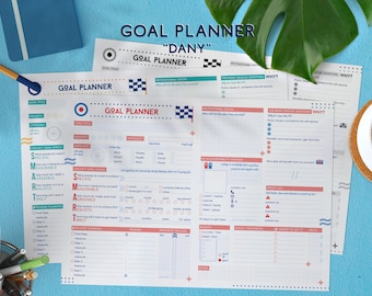Printable Goal Planner "Dany" 3 colour options - A4 all-in-one elaborate SMART goal setting planner with guiding questions - red, teal, grey