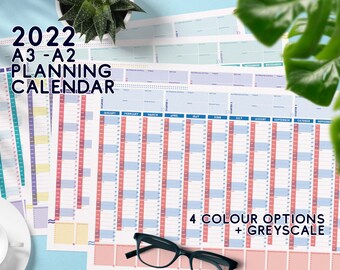 Printable 2022 calendar "Dany" Set2 - A3 to A2 - 4 colour options - modern design year overview planner for monthly +quarterly planning