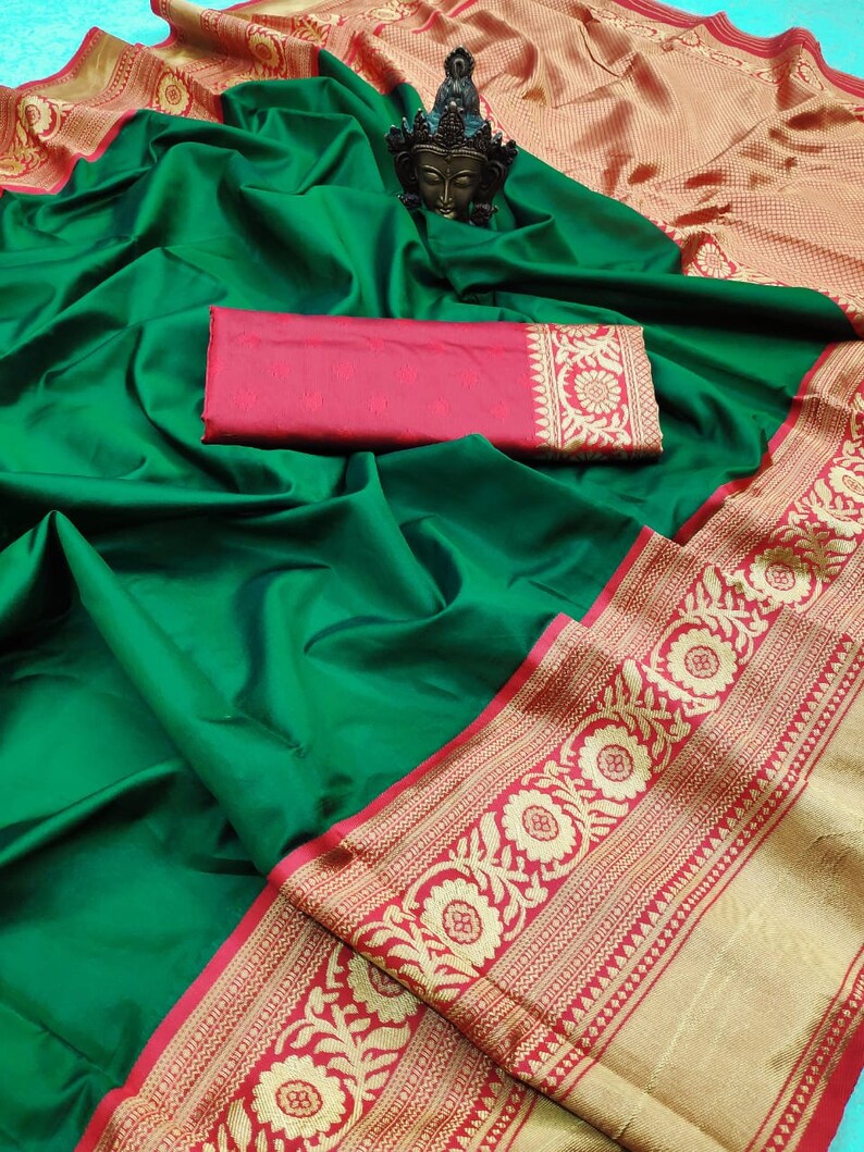 gree color saree flowear designer saree for weeding wear saree with red color blouse piece saree..
