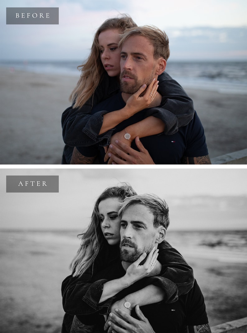 May include: A black and white photo of a couple embracing on a beach. The woman is holding the man's face with her hand and the man is looking at the camera. The couple is wearing casual clothing and the background is a blurred out beach scene.