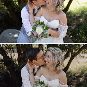 May include: A couple in a forest setting, the groom is kissing the bride on the cheek. The bride is wearing a white dress with a floral crown and holding a bouquet of white and pink flowers.