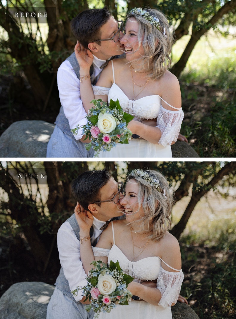 May include: A couple in a forest setting, the groom is kissing the bride on the cheek. The bride is wearing a white dress with a floral crown and holding a bouquet of white and pink flowers.