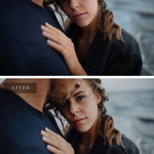 May include: A close-up image of a couple embracing. The woman is wearing a black denim jacket and has her hand on the man's shoulder. The man is wearing a dark blue t-shirt. The couple is standing in front of a body of water.