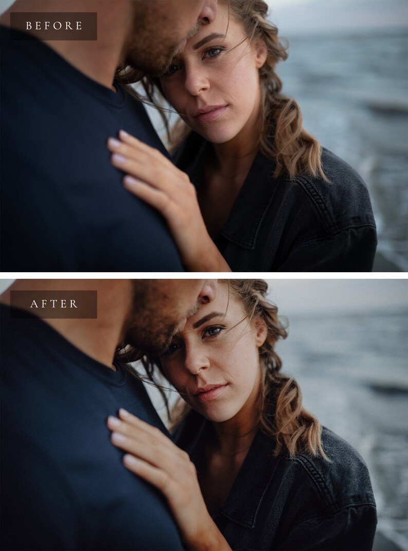 May include: A close-up image of a couple embracing. The woman is wearing a black denim jacket and has her hand on the man's shoulder. The man is wearing a dark blue t-shirt. The couple is standing in front of a body of water.