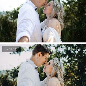 May include: A couple in love, the groom wearing a white shirt and the bride wearing a white dress with a floral crown, are looking at each other with smiles on their faces.