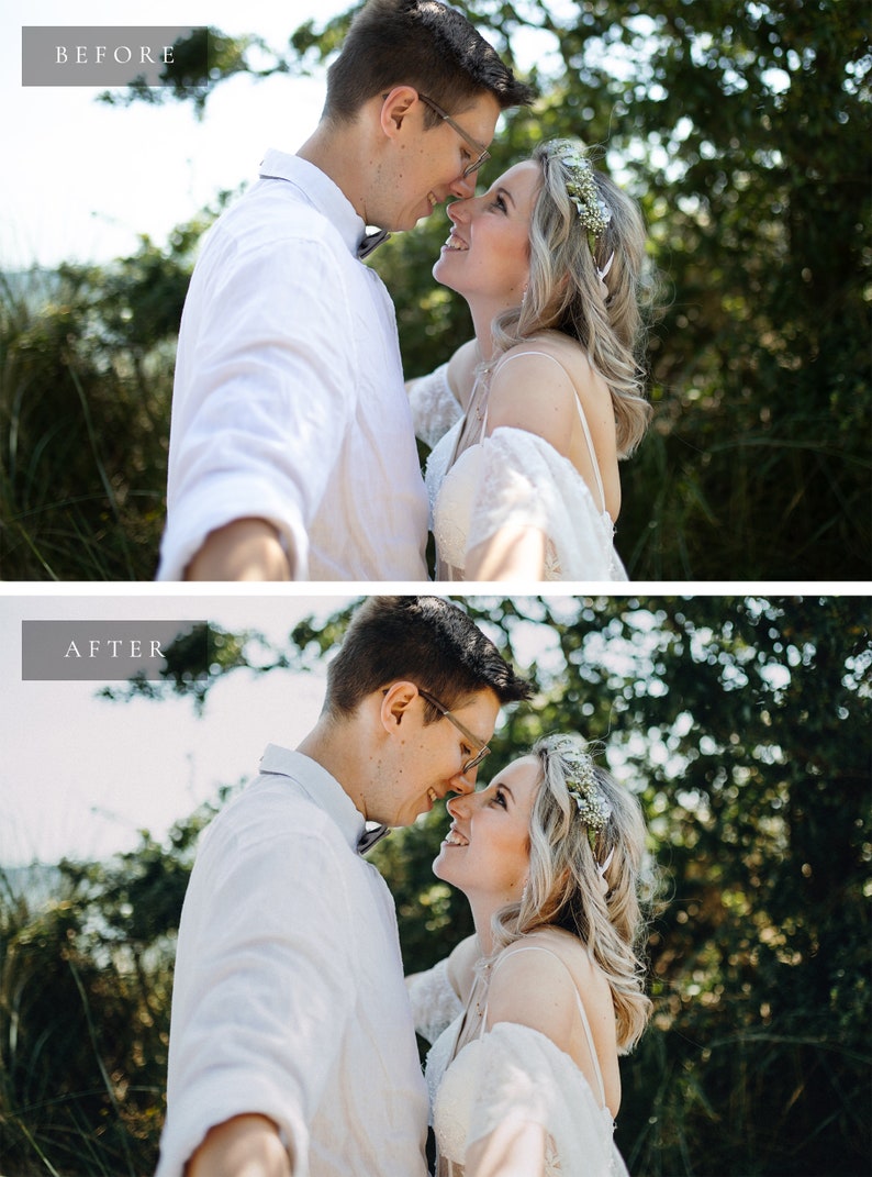 May include: A couple in love, the groom wearing a white shirt and the bride wearing a white dress with a floral crown, are looking at each other with smiles on their faces.