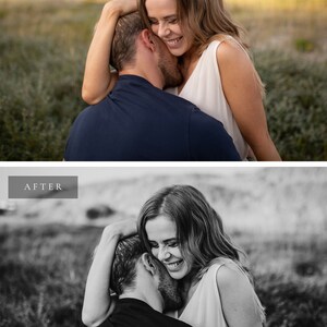 May include: A black and white photo of a couple embracing in a field of tall grass. The woman is laughing and has her arm around the man's neck. The man is looking down at the woman.
