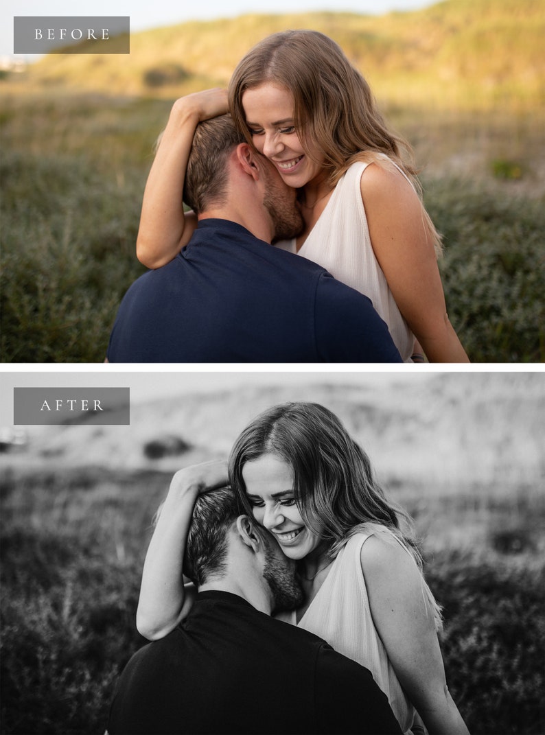 May include: A black and white photo of a couple embracing in a field of tall grass. The woman is laughing and has her arm around the man's neck. The man is looking down at the woman.