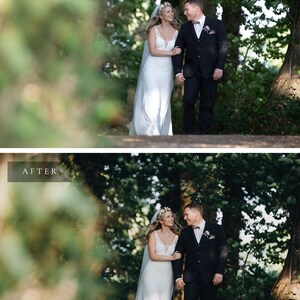 May include: A bride and groom walking through a forest, smiling at each other. The bride is wearing a white dress and a flower crown, and the groom is wearing a black suit and a bow tie.