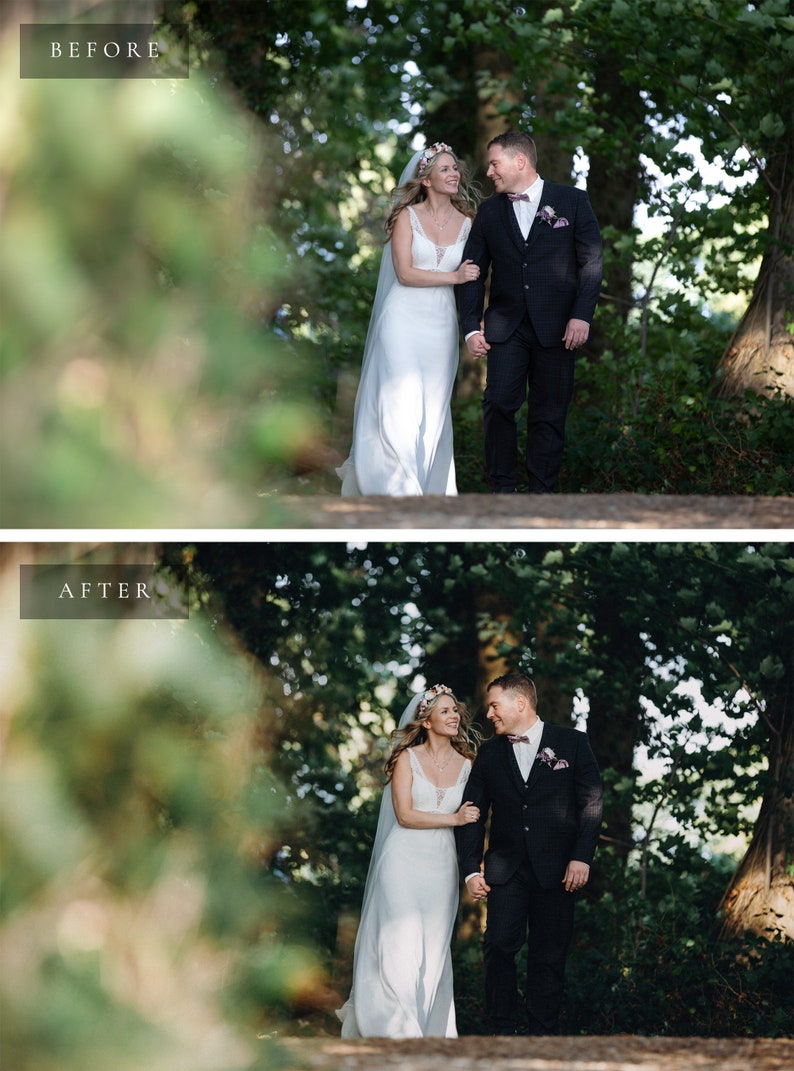 May include: A bride and groom walking through a forest, smiling at each other. The bride is wearing a white dress and a flower crown, and the groom is wearing a black suit and a bow tie.