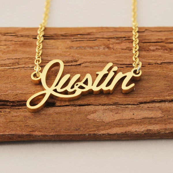 Name Necklace, Custom Tag Name Necklace, Personalized Gold Plated Necklace, Grandma Retirement Gift Necklace for Justin