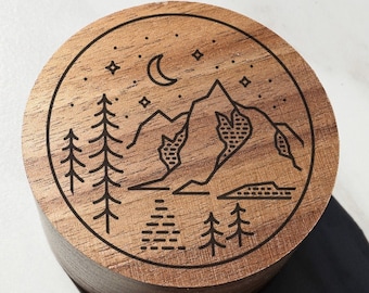 Minimalist Crescent Moon Mountain Wolf Wedding Ring Box, Nature Engagement Ring Box, Adventure Jewelry Box, Stars Wood Engraved Proposal Box