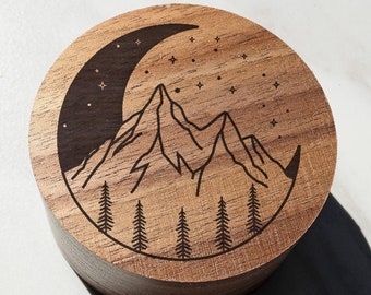 Crescent Moon Mountain Wolf Wedding Ring Box, Nature Engagement Ring Box, Adventure Jewelry Box, Mountain Stars Wood Engraved Proposal Box