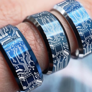 Engraved Circuit Board Ring Black Tungsten Carbide, Blue