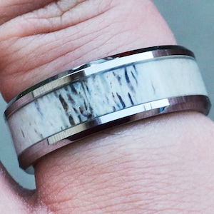 Personalized Deer Antler Inlay Ring, Deer Antler Wedding Band, Buck Elk Wedding Ring, Deer Doe Stag Horns Wedding Ring - 8mm