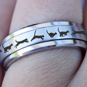 Engraved Cat Ring, Personalized Kitty Cat Spinner Ring, Custom Cat Lover Ring, Kitten Spinning Fidget Spinner Ring, Cat Symbol Ring