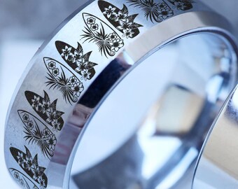 Handmade Sterling Silver Band Ring, Hawaiian Tiki Engraved, Tribal 