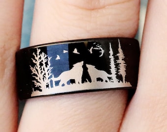 Howling Wolves Wedding Rings, Wolf Promise Ring, Howling Wolf Ring, Wolf Design Tungsten Carbide Ring, Wolf Ring, Wolves Wedding Band,
