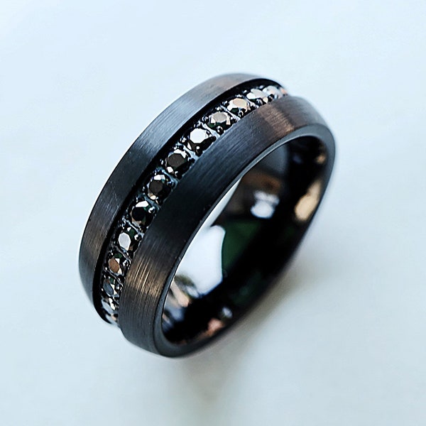 Anillo de diamantes negros para hombres, anillo de diamantes negro domado, banda de anillo de zafiro negro, anillo de boda de diamante negro centro cepillado, anillo de tungsteno para hombres