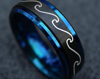 Wave Spinner Ring, Ocean Wave Fidget Spinner Ring, Ocean Beach Jewelry, Blue Tungsten Wedding Band Ocean Waves Engraved Anxiety Ring 8mm