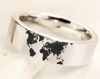 Alliance carte du monde, bague de fiançailles de voyageur, bijoux Wanderlust aventure, cadeau carte du monde, bijoux bague de mariage carte du monde 6 mm