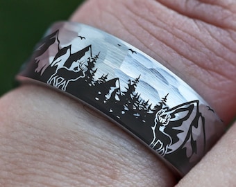 Silver Forest Ring, Mountain Range Ring, Boreal Forest Ring, 8mm Hammered Tungsten Ring, Deer Landscape Ring, Stars Tungsten Wedding Ring