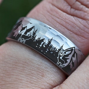 Silver Forest Ring, Mountain Range Ring, Boreal Forest Ring, 8mm Hammered Tungsten Ring, Deer Landscape Ring, Stars Tungsten Wedding Ring