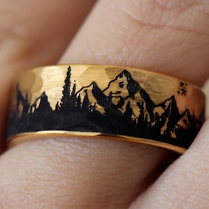 Gold Forest Ring, Mountain Range Ring, Boreal Forest Ring, 8mm Hammered Tungsten Ring, Outdoors Landscape Ring, Stars Tungsten Wedding Ring