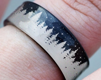 Black Forest Ring, Mountain Range Ring, Boreal Forest Ring, 8mm Hammered Tungsten Ring, Outdoors Landscape Ring, Stars Tungsten Wedding Ring