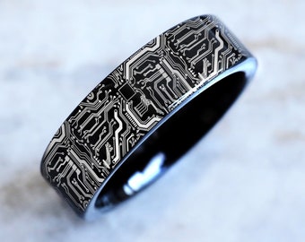 Circuit Board Wedding Band, Computer Science Engagement Ring, PC Board Ring, Geek Gamer Jewelry, Computer Nerd Promise Ring