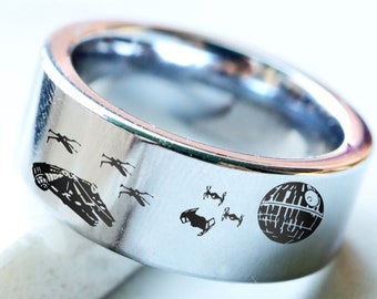 Death Star Ring, Spaceship Wedding Ring, Falcon Wedding Band Sci-Fi Jewelry, Star Tie Engagement Ring, Star Fighters Ring, 8mm Tungsten