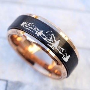 Mountain Wedding Band, Nature Spinner Ring, Adventure Engagement Ring, Scenic Mountain Jewelry, Mountain Engraved Ring