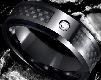 Carbon Fiber Diamond Inlay Wedding Ring, Carbon Fiber Wedding Band, Carbon Fiber Tungsten Carbide Ring, Men's Unique Wedding Band 8mm