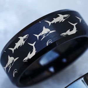 Great White Shark Wedding Band, Whale Shark Tungsten Ring, Hammerhead Jewelry, Shark Engraved Wedding Ring, Bass Fish Engagement Ring