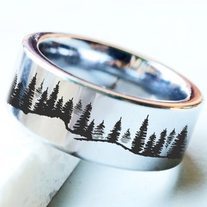 Pine Tree Wedding Ring, Engraved Nature Proposal Ring, Personalized Trees Wedding Band, Adventure Engagement Ring, Hiker Wedding Ring