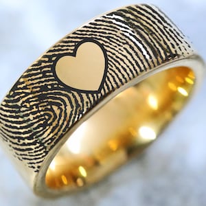 Actual Fingerprint Wedding Ring, Heart Fingerprint Personalized Ring, Real Fingerprint Wedding Band, Engraved Thumbprint Ring 6mm 8mm 10mm