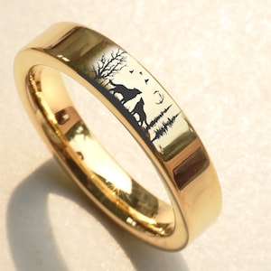 Howling Wolf Wedding Band, Howling Wolves Engagement Ring, Wolf Ring, Nature Forest Wolves Jewelry, Wolf Promise Ring