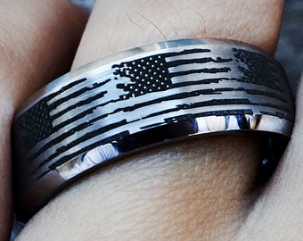 Fede nuziale con bandiera americana, anello di fidanzamento militare, fede nuziale patriottica, gioielli con bandiera degli Stati Uniti, fede nuziale con bandiera invecchiata