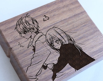 Anime Couple Hug I Love You Senpai Wood Ring Box, Otaku Weebo Wedding Ring Box, Anime Kawaii Jewelry Box, Chibi Proposal Box, Anime Couple