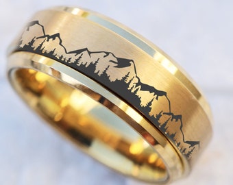 Mountain Wedding Band, Nature Scene Birds Spinner Ring, Pine Tree Engagement Ring, Scenic Mountain Jewelry, Pine Tree Engraved Ring