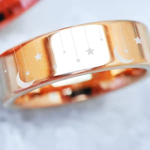 Stars Wedding Band, Crescent Moon Wedding Ring, Twinkle Stars Engagement Ring, Sun Moon Symbol Proposal Ring, Sun Moon Jewelry