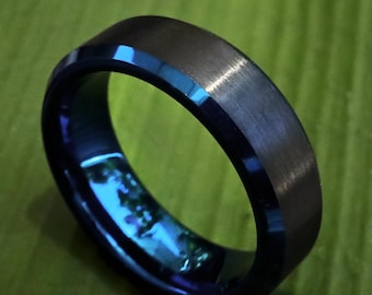 Men's Tungsten Blue Wedding Band, Blue Beveled Personalized Ring, Unique Blue Edge Ring, Rare Blue Engraved Ring, Custom Navy Black Ring 6mm