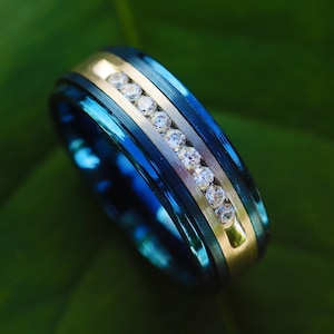 Blue Polished Edge Tungsten Ring, Channel Diamond Wedding Band, Diamond with Blue Trim Wedding Ring, Men&#39;s Blue Wedding Band - 8mm