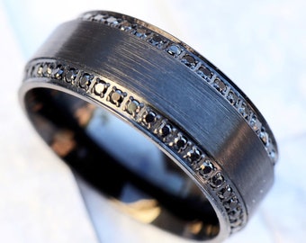 Mens Black Diamond Ring, Beveled Diamond Titanium Ring, Black Sapphire Band, Brushed Center Black Diamond Wedding Ring, Mens Tungsten Ring