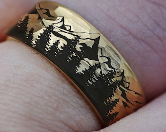 Gold Forest Ring, Mountain Range Ring, Boreal Forest Ring, 8mm Hammered Tungsten Ring, Outdoors Landscape Ring, Stars Tungsten Wedding Ring
