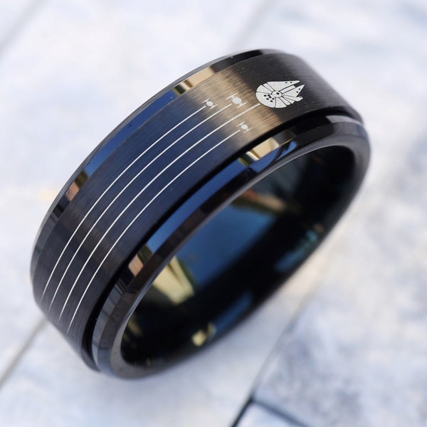 Anillo de boda de nave espacial Falcon, alianza de cazas, anillo giratorio de compromiso de ciencia ficción, anillo de nave espacial retro, joyería de fantasía espacial de 8 mm