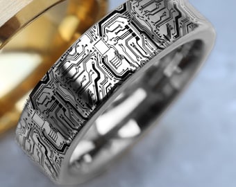 Silver Tungsten Circuit Board Wedding Band, Computer Science Engagement Ring, PC Board Ring, Geek Gamer Jewelry, Engraved Nerd Promise Ring
